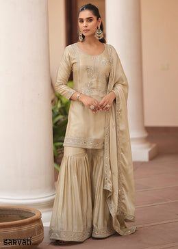 Light Brown Satin Silk Sharara Suit with Exquisite Embroidery