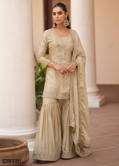 Light Brown Satin Silk Sharara Suit with Exquisite Embroidery