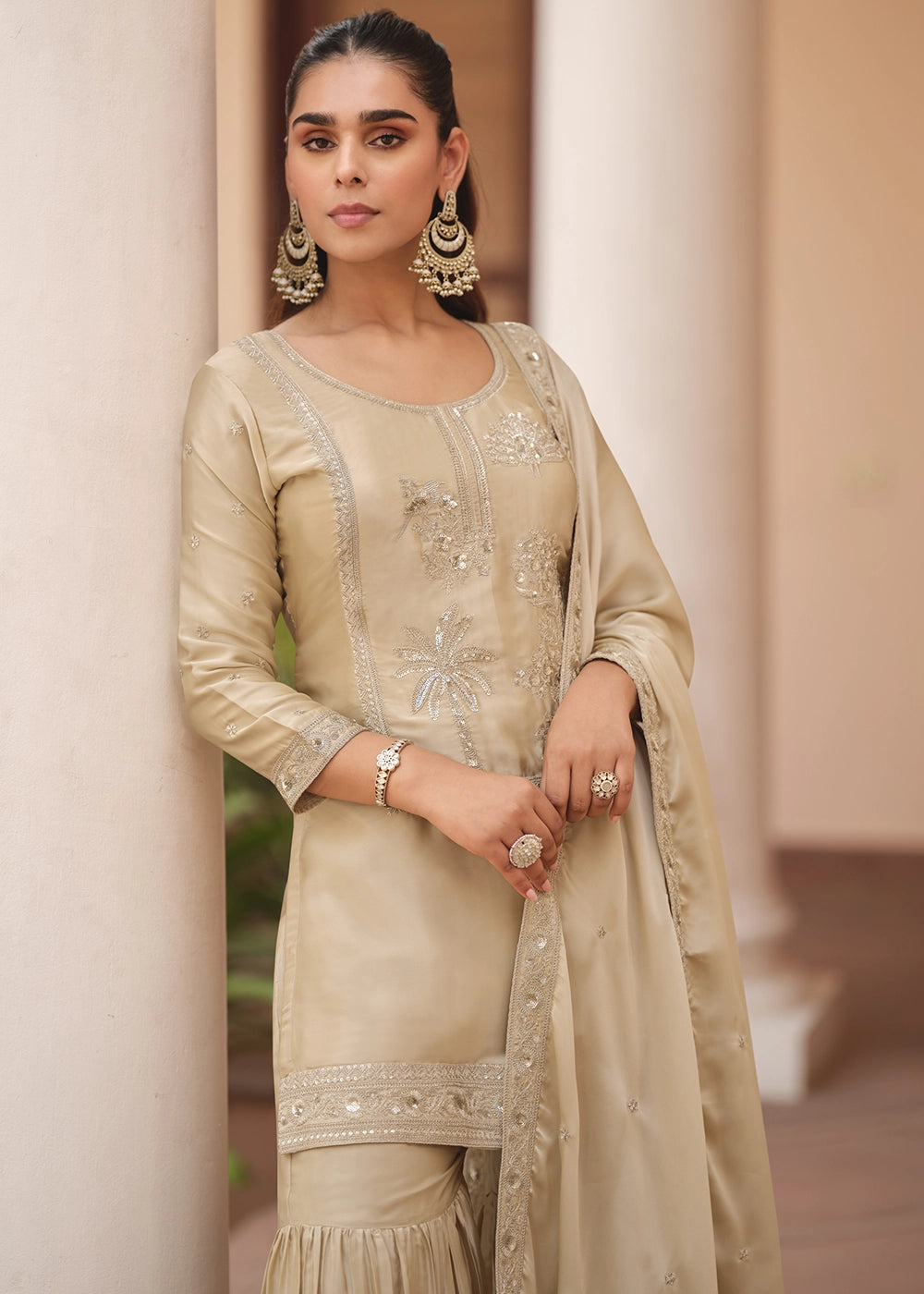 Light Brown Satin Silk Sharara Suit with Exquisite Embroidery