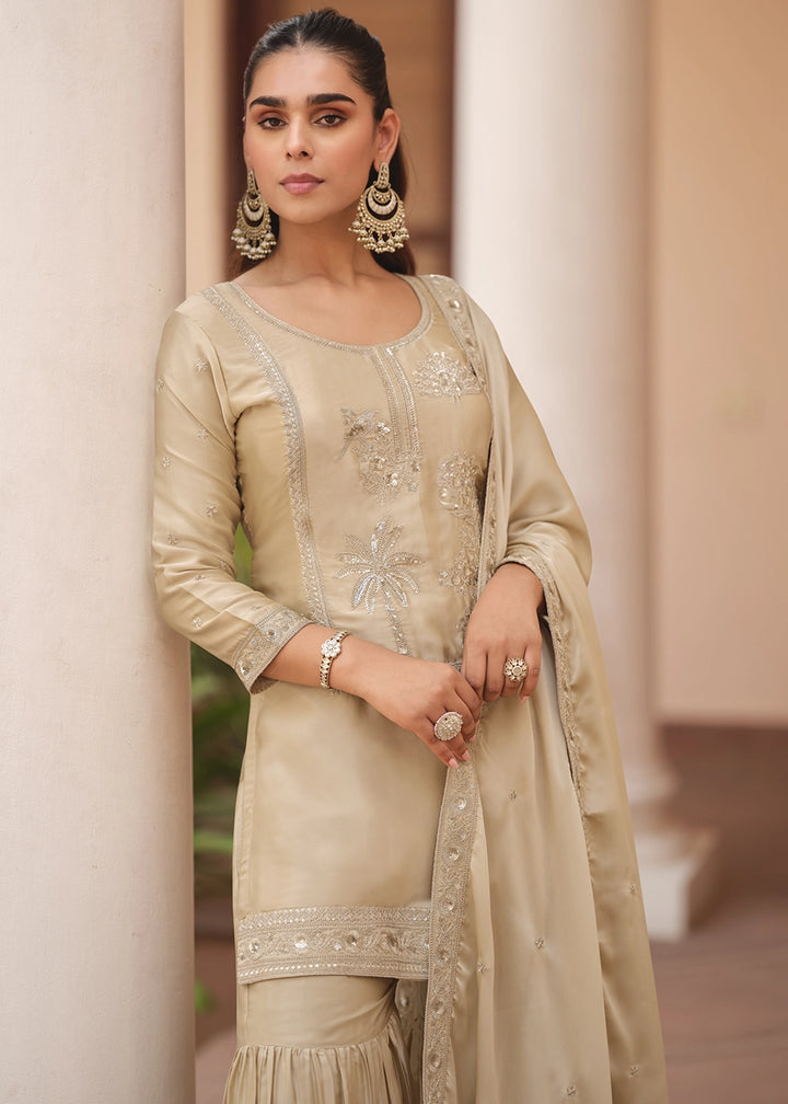 Light Brown Satin Silk Sharara Suit with Exquisite Embroidery