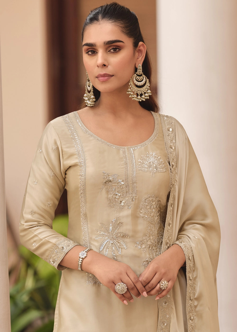 Light Brown Satin Silk Sharara Suit with Exquisite Embroidery