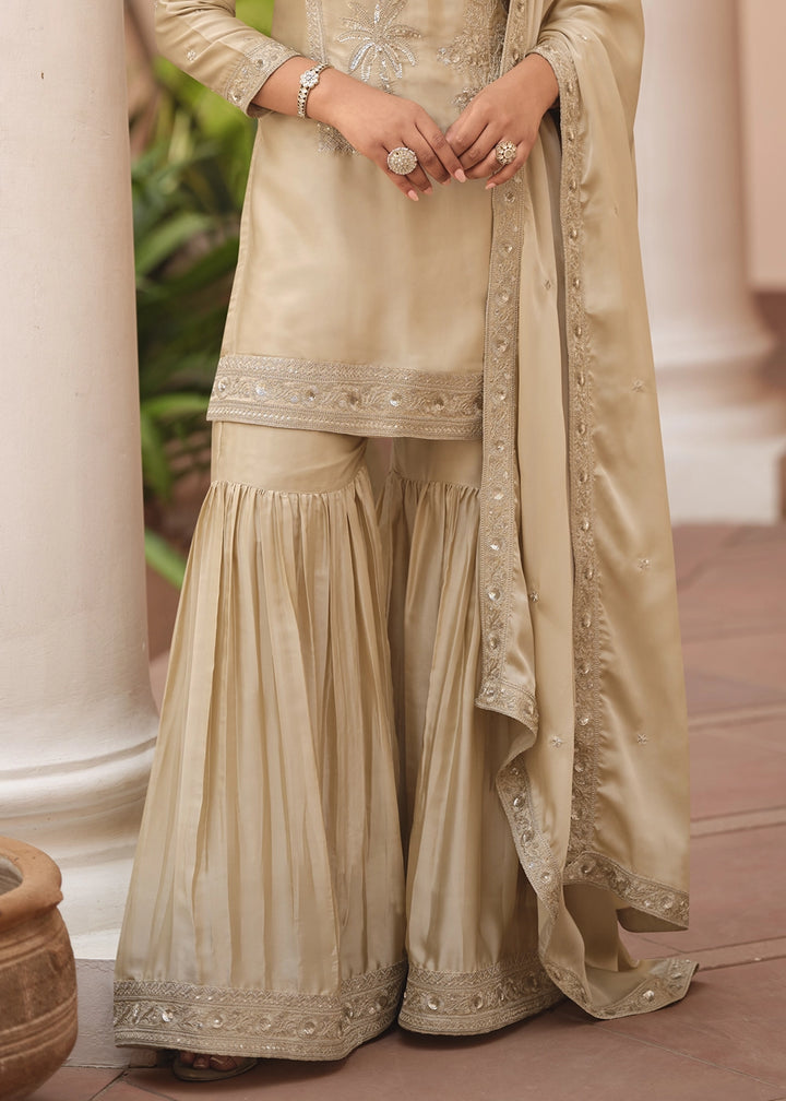 Light Brown Satin Silk Sharara Suit with Exquisite Embroidery