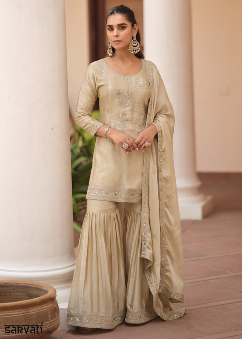 Light Brown Satin Silk Sharara Suit with Exquisite Embroidery