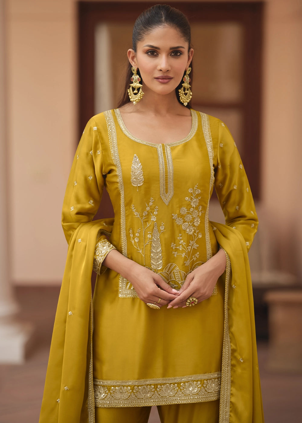 Mustard Yellow Satin Silk Sharara Suit with Exquisite Embroidery