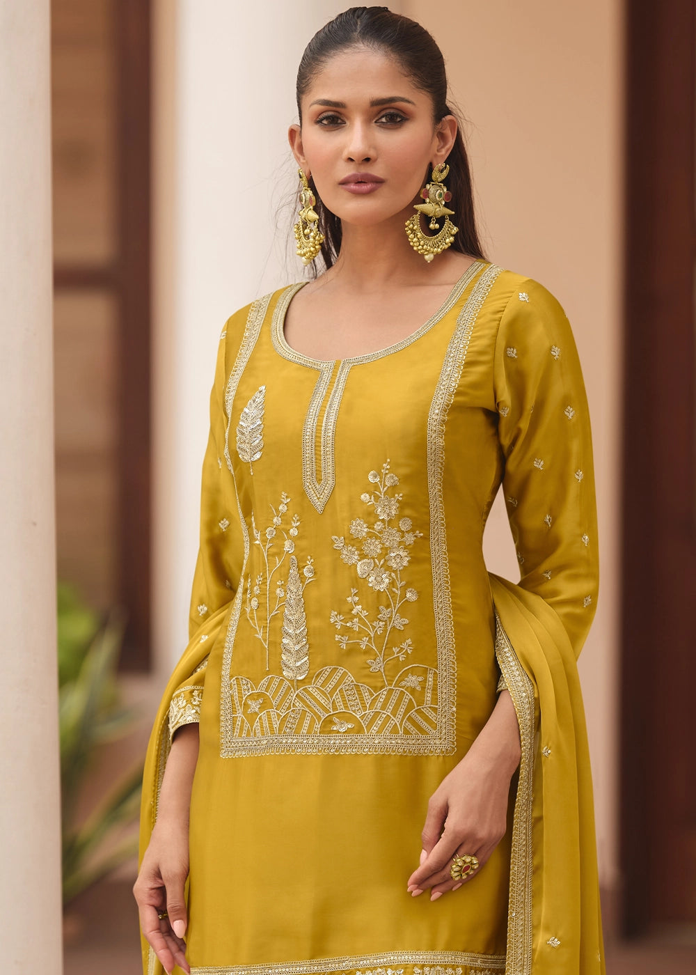 Mustard Yellow Satin Silk Sharara Suit with Exquisite Embroidery