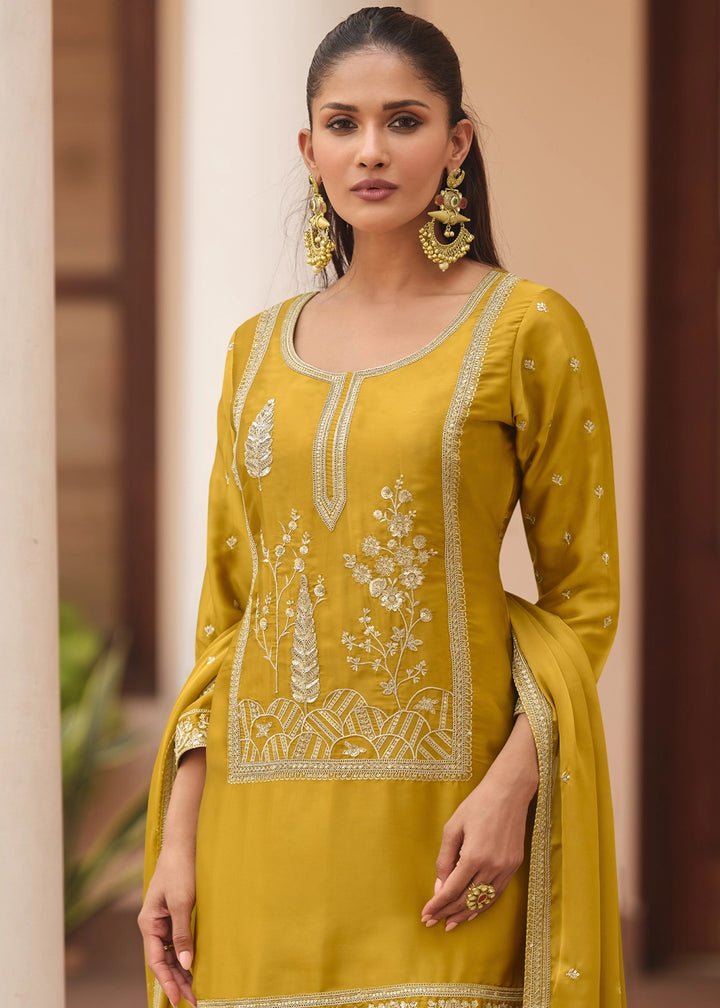 Mustard Yellow Satin Silk Sharara Suit with Exquisite Embroidery