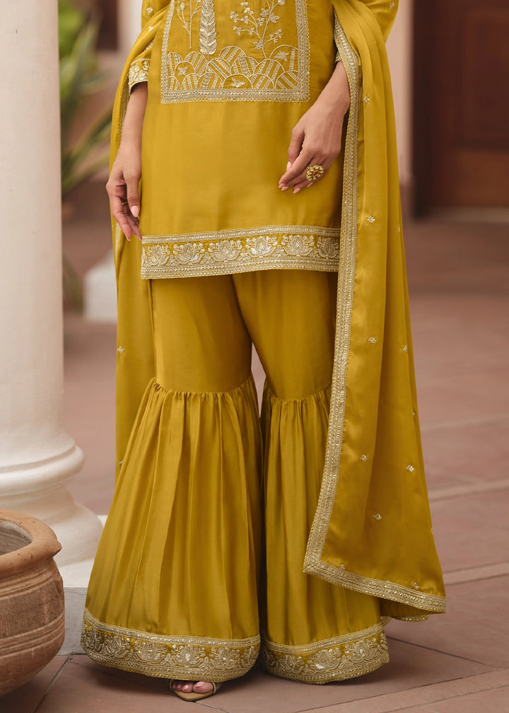 Mustard Yellow Satin Silk Sharara Suit with Exquisite Embroidery
