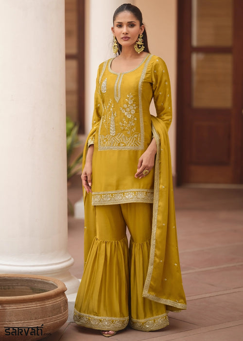 Mustard Yellow Satin Silk Sharara Suit with Exquisite Embroidery