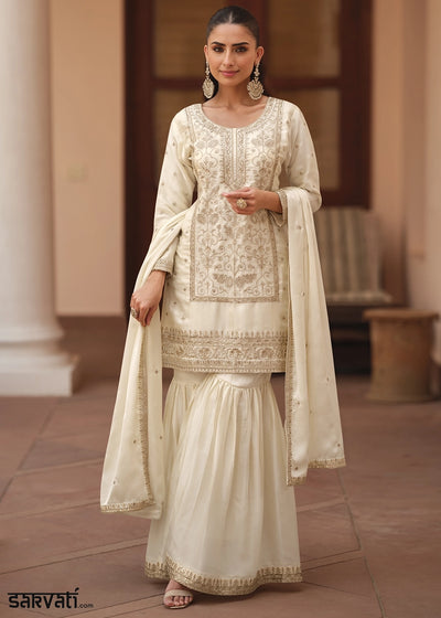 Pearl White Satin Silk Sharara Suit with Exquisite Embroidery