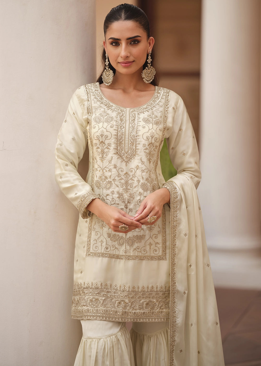 Pearl White Satin Silk Sharara Suit with Exquisite Embroidery