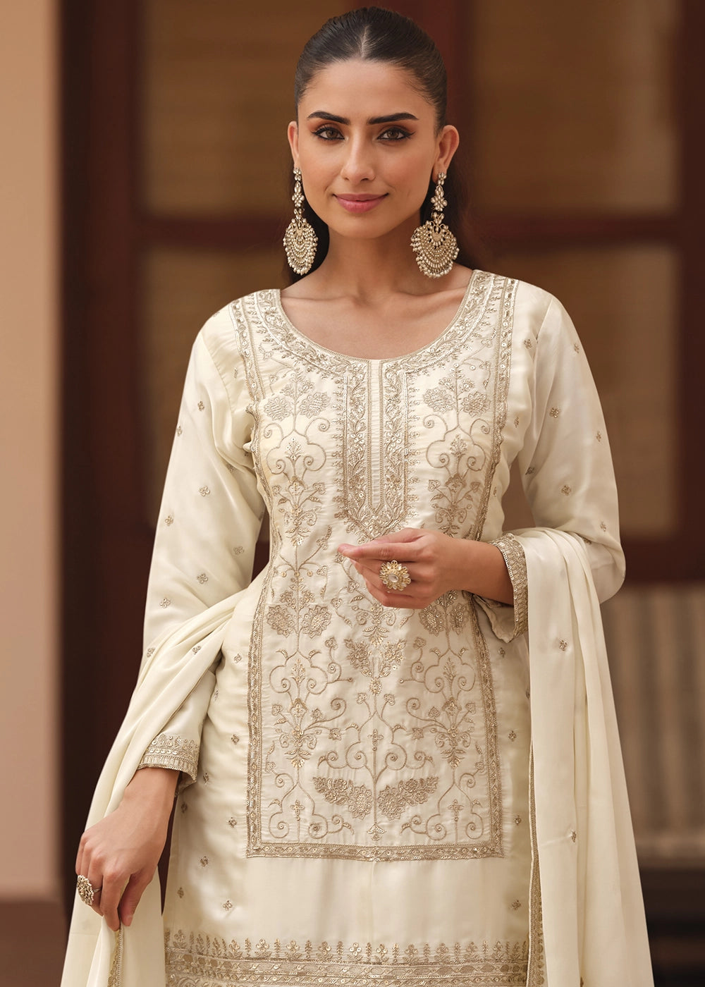Pearl White Satin Silk Sharara Suit with Exquisite Embroidery