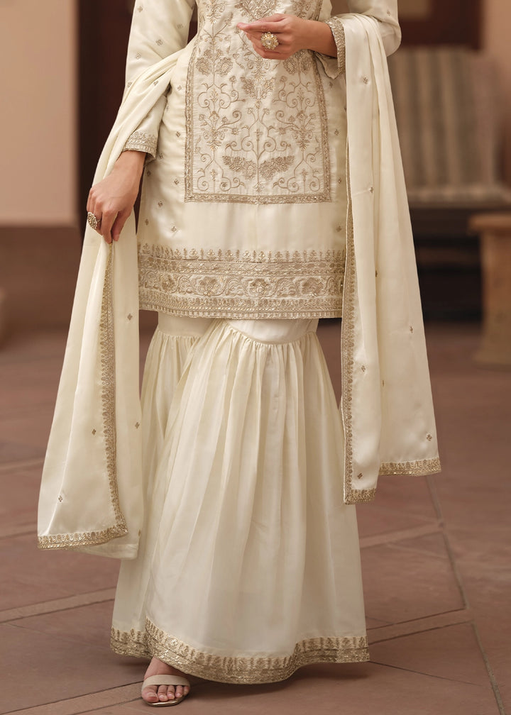 Pearl White Satin Silk Sharara Suit with Exquisite Embroidery