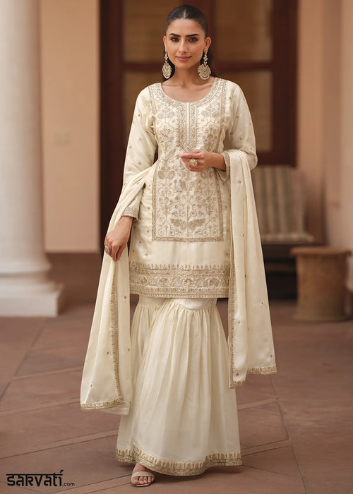 Pearl White Satin Silk Sharara Suit with Exquisite Embroidery