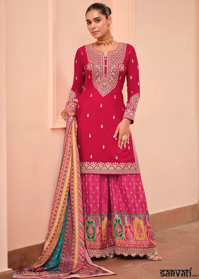 Ruby Pink Embroidered Chinon Silk Kurta with Designer Palazzo and Dupatta