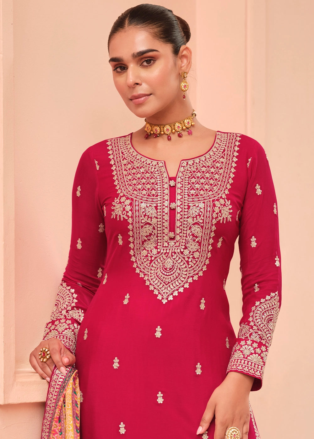 Ruby Pink Embroidered Chinon Silk Kurta with Designer Palazzo and Dupatta