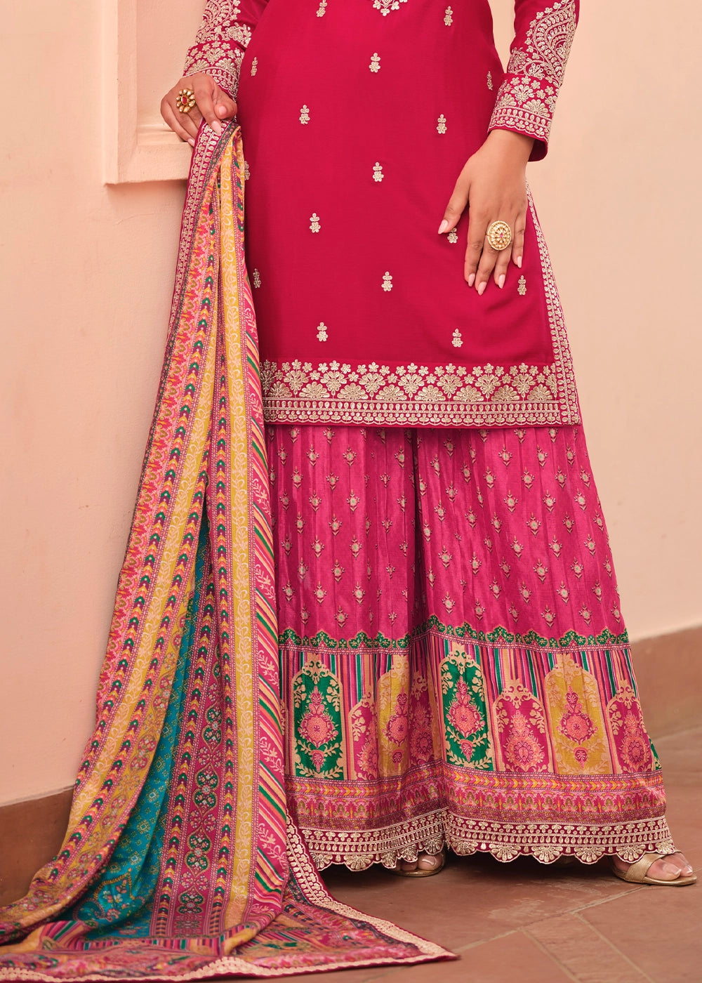 Ruby Pink Embroidered Chinon Silk Kurta with Designer Palazzo and Dupatta