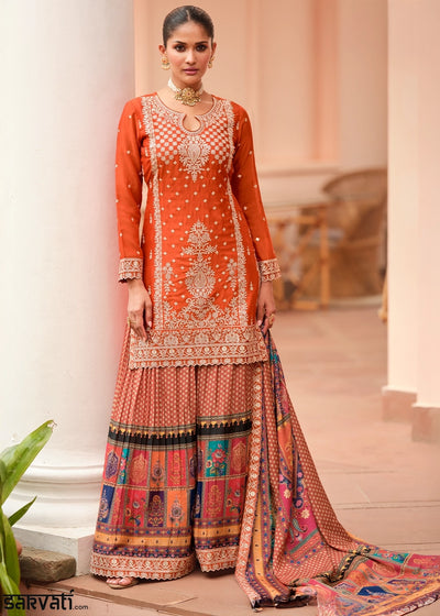 Tiger Orange Embroidered Chinon Silk Kurta with Designer Palazzo and Dupatta