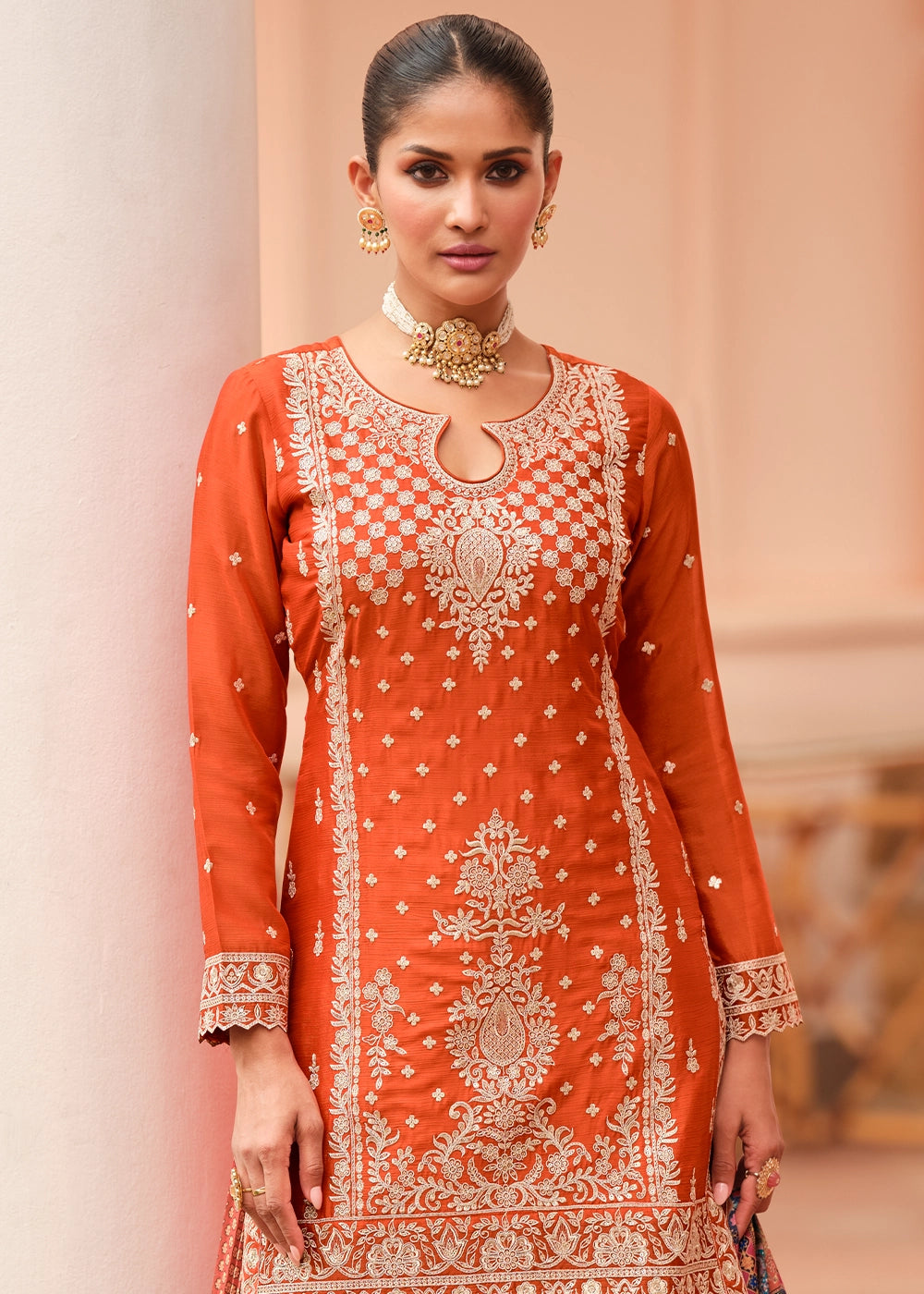 Tiger Orange Embroidered Chinon Silk Kurta with Designer Palazzo and Dupatta