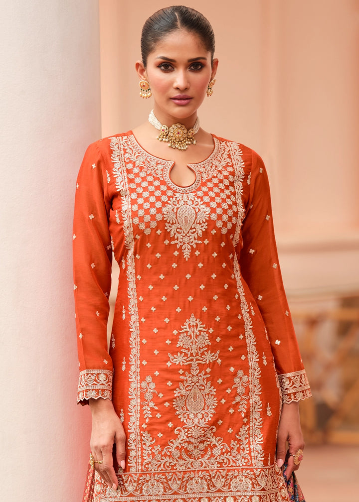 Tiger Orange Embroidered Chinon Silk Kurta with Designer Palazzo and Dupatta