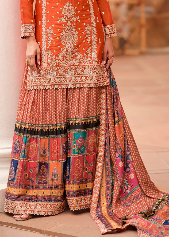 Tiger Orange Embroidered Chinon Silk Kurta with Designer Palazzo and Dupatta