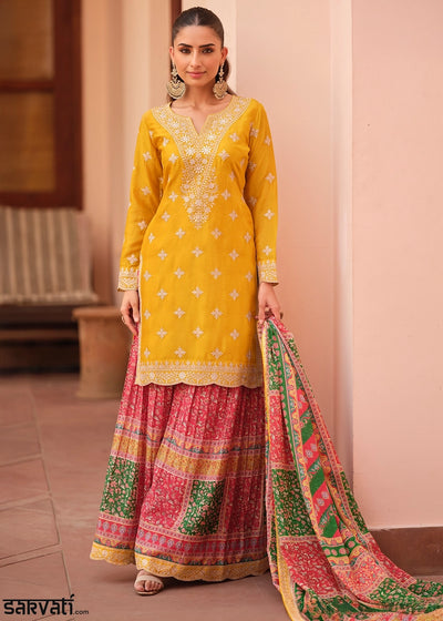 Canary Yellow Embroidered Chinon Silk Kurta with Designer Palazzo and Dupatta