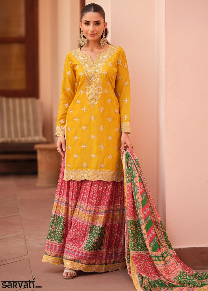 Canary Yellow Embroidered Chinon Silk Kurta with Designer Palazzo and Dupatta