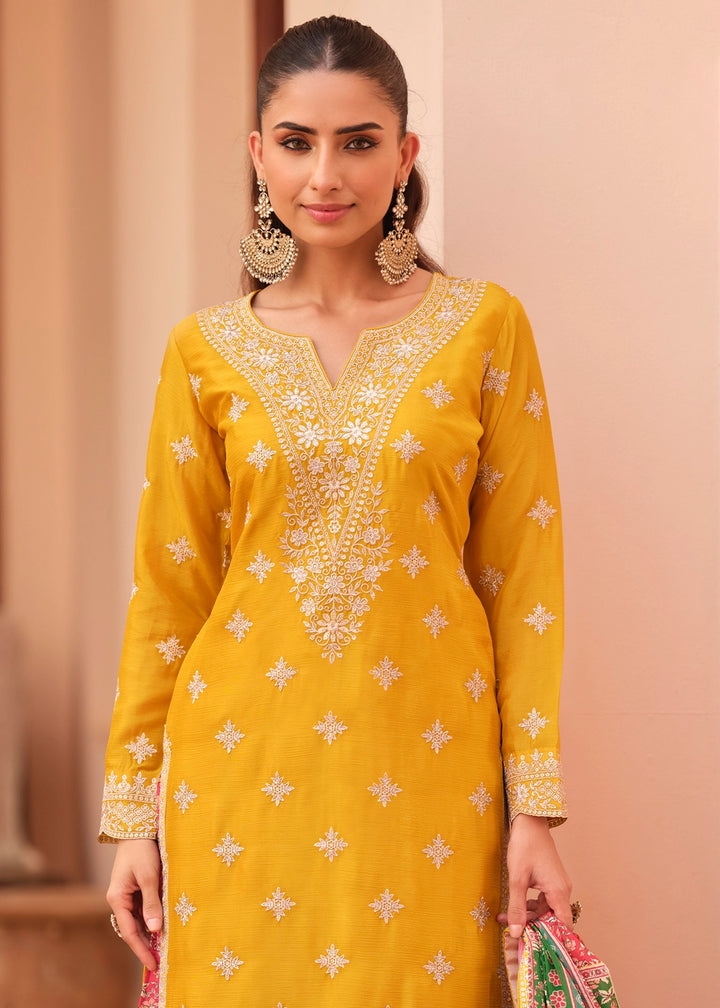 Canary Yellow Embroidered Chinon Silk Kurta with Designer Palazzo and Dupatta