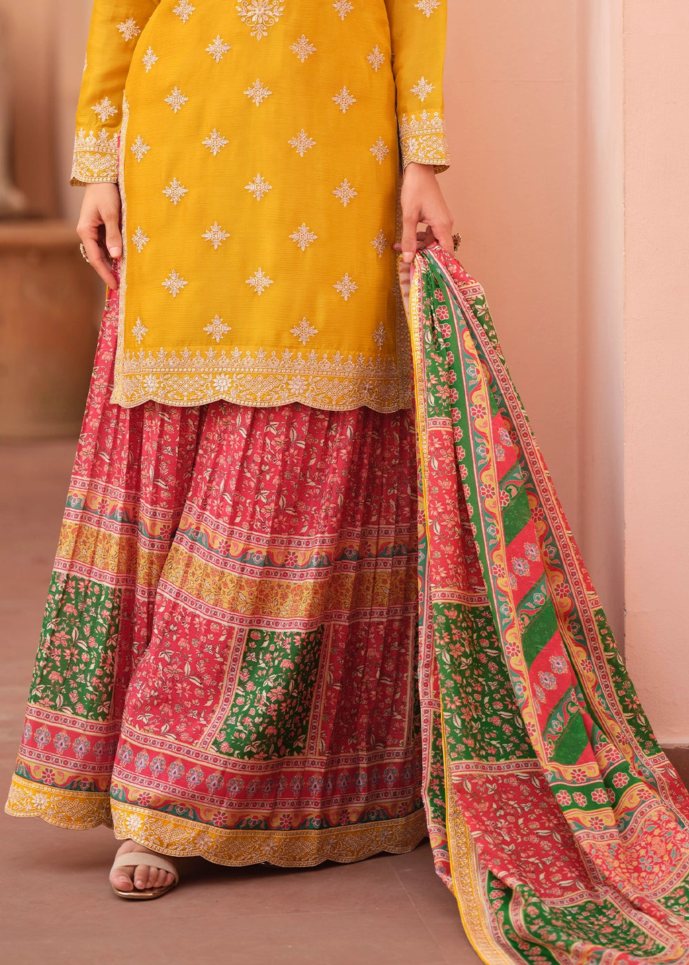Canary Yellow Embroidered Chinon Silk Kurta with Designer Palazzo and Dupatta