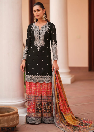 Onyx Black Embroidered Chinon Silk Kurta with Designer Palazzo and Dupatta