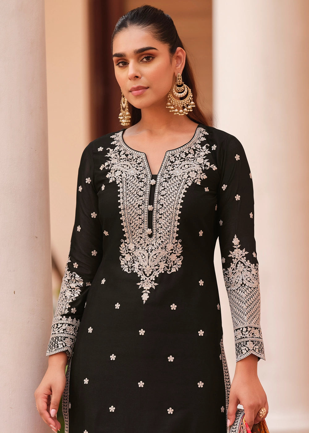 Onyx Black Embroidered Chinon Silk Kurta with Designer Palazzo and Dupatta