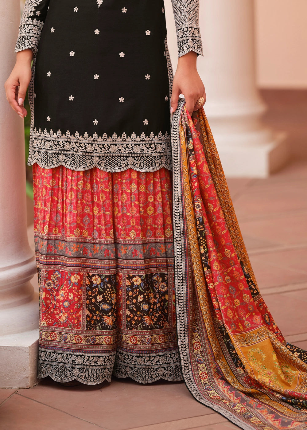 Onyx Black Embroidered Chinon Silk Kurta with Designer Palazzo and Dupatta