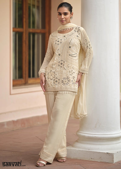 Cream White Designer Georgette Suit with Hand Pearl Embroidery