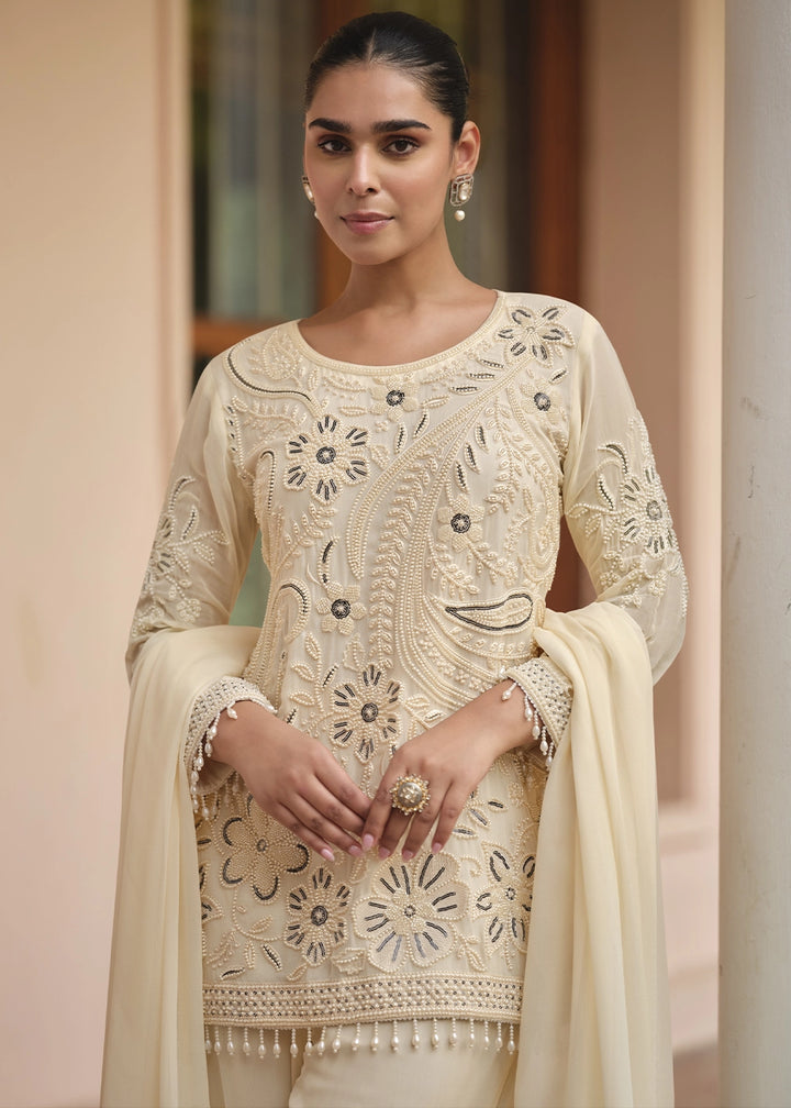 Cream White Designer Georgette Suit with Hand Pearl Embroidery
