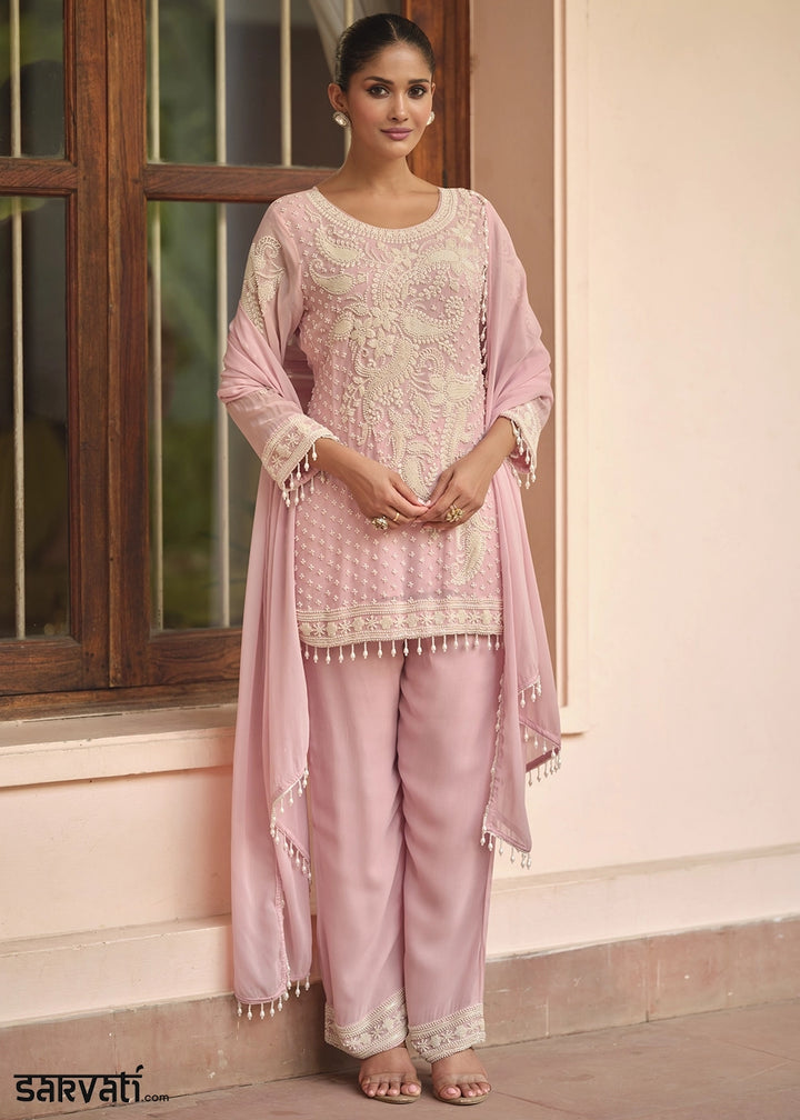 Creamy Pink Designer Georgette Suit with Hand Pearl Embroidery
