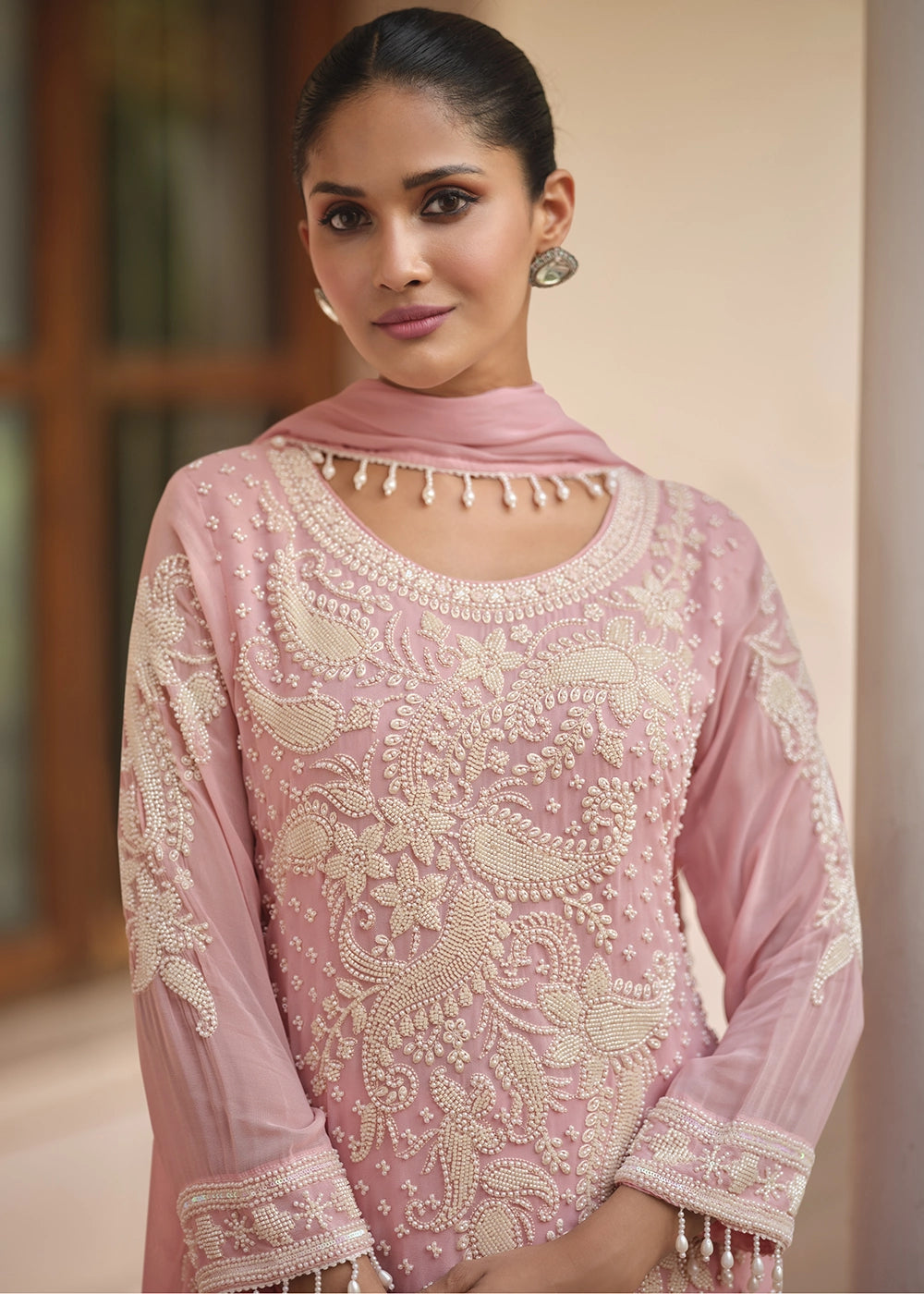 Creamy Pink Designer Georgette Suit with Hand Pearl Embroidery