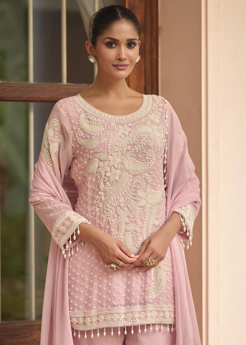 Creamy Pink Designer Georgette Suit with Hand Pearl Embroidery