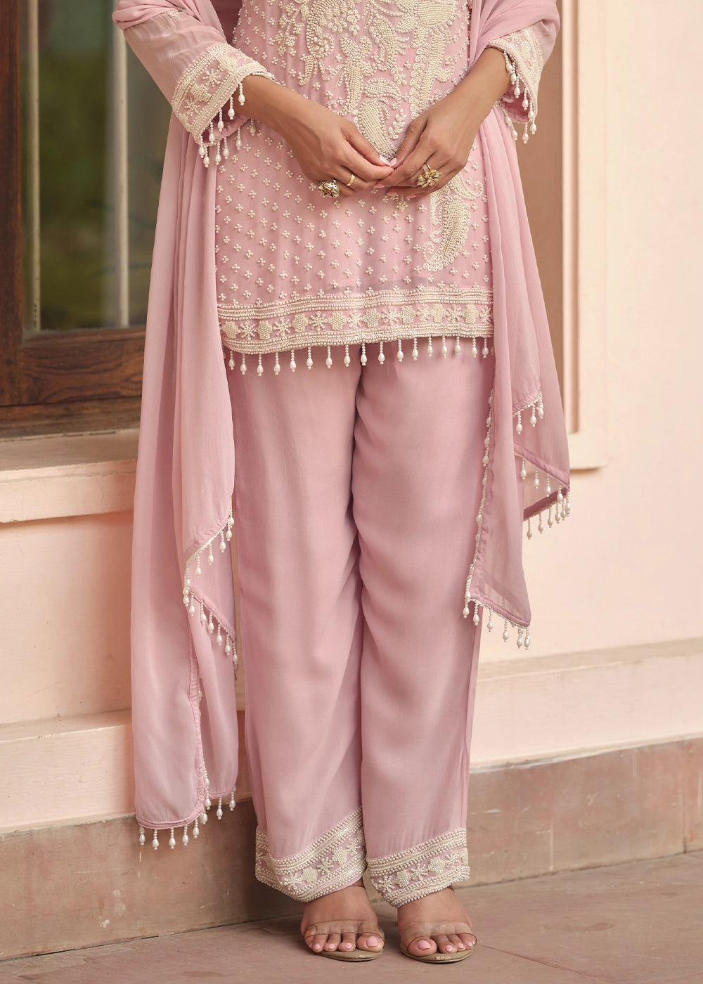 Creamy Pink Designer Georgette Suit with Hand Pearl Embroidery