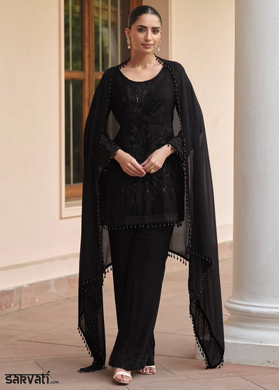 Onyx Black Designer Georgette Suit with Hand Pearl Embroidery