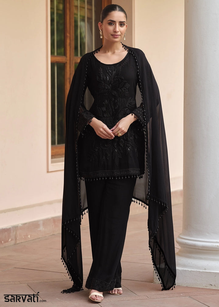 Onyx Black Designer Georgette Suit with Hand Pearl Embroidery