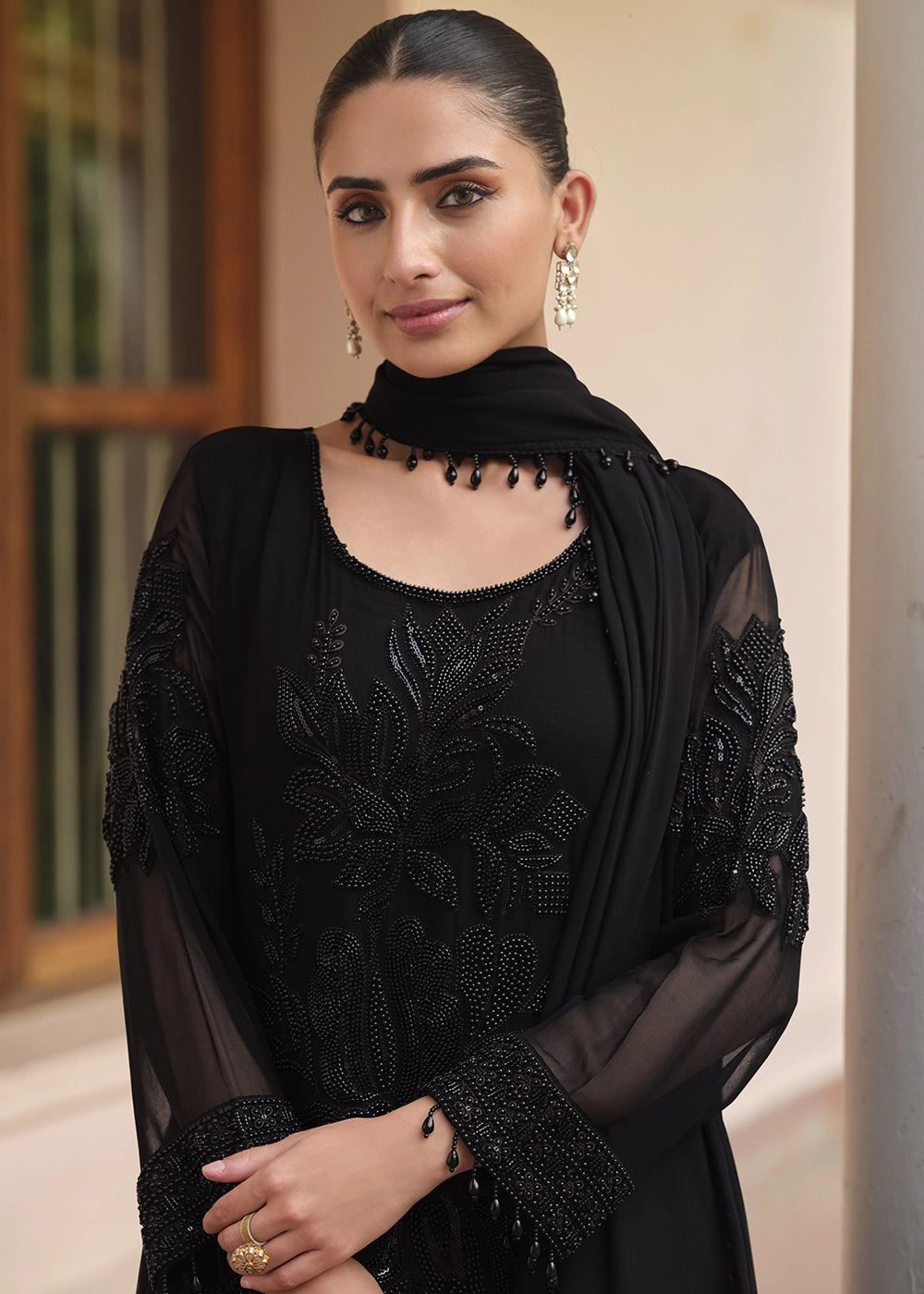 Onyx Black Designer Georgette Suit with Hand Pearl Embroidery