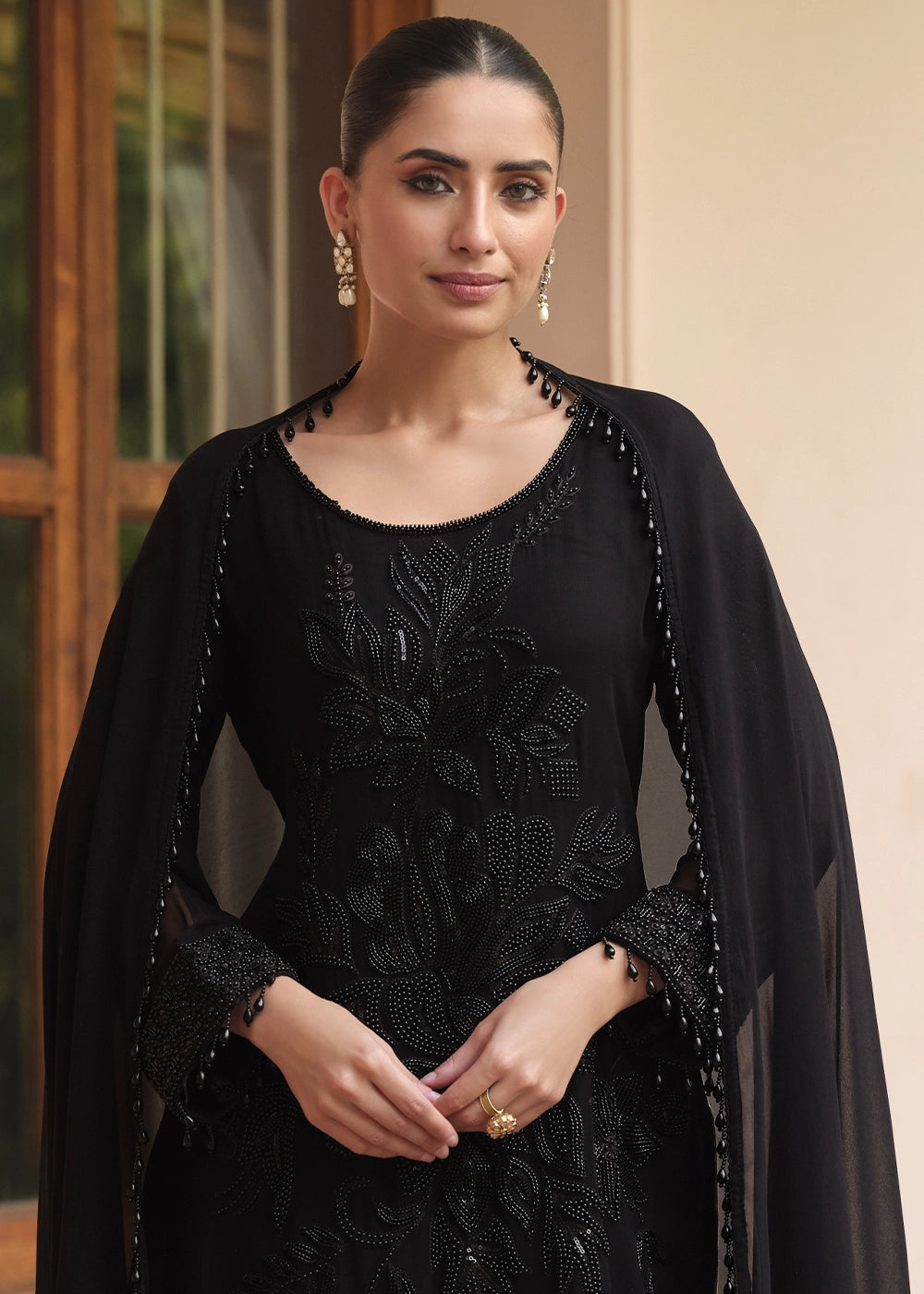 Onyx Black Designer Georgette Suit with Hand Pearl Embroidery
