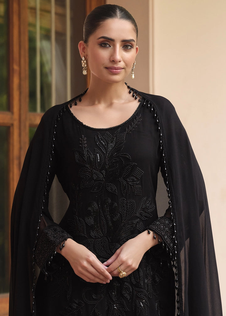 Onyx Black Designer Georgette Suit with Hand Pearl Embroidery