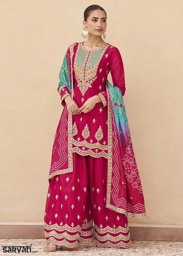 Magenta Pink Chinon Silk Palazzo Suit with Elegant Embroidery work