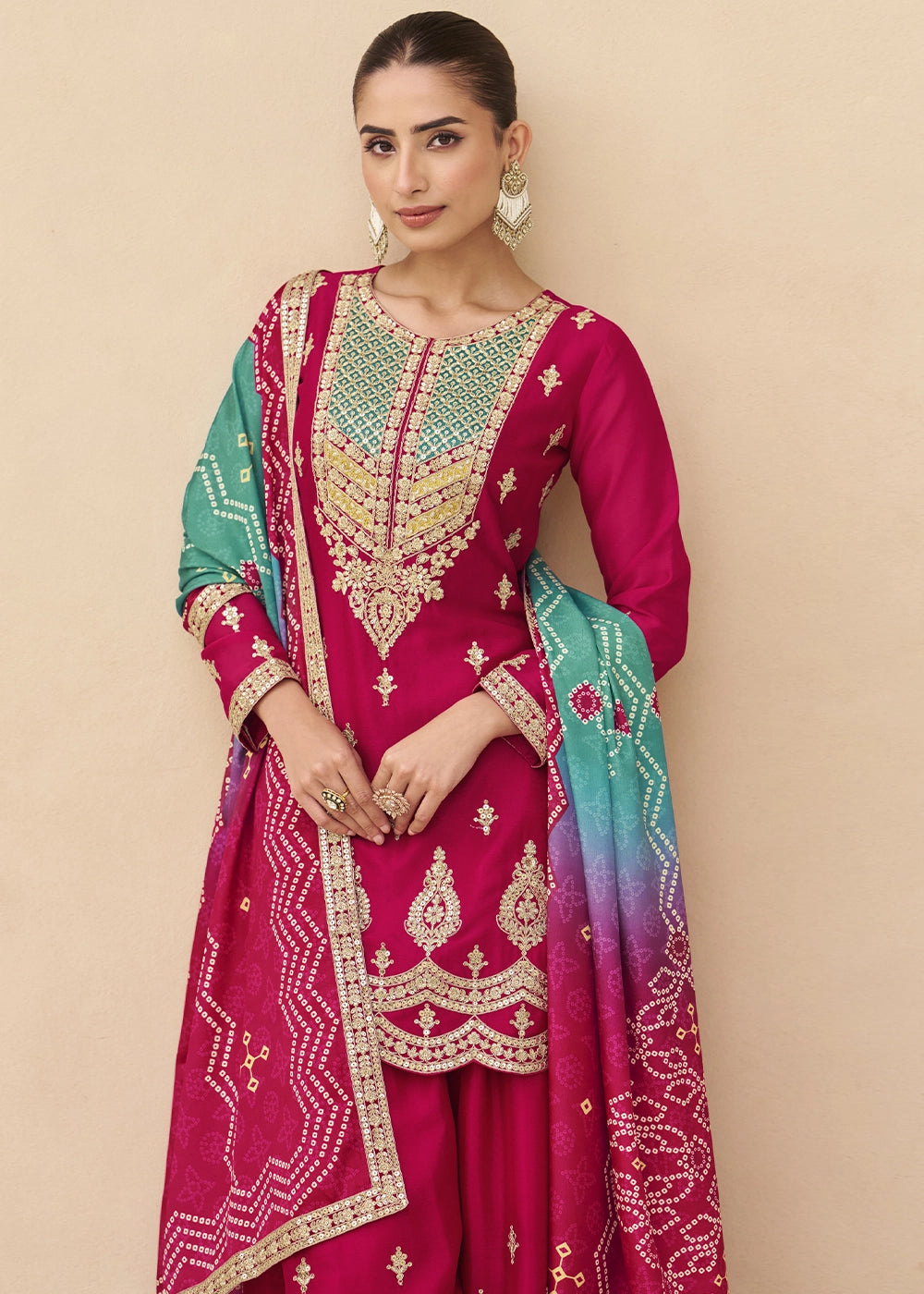 Magenta Pink Chinon Silk Palazzo Suit with Elegant Embroidery work