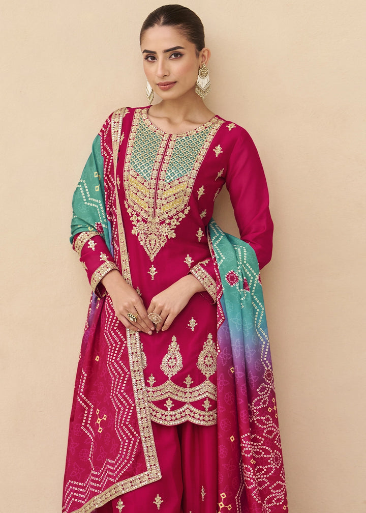 Magenta Pink Chinon Silk Palazzo Suit with Elegant Embroidery work