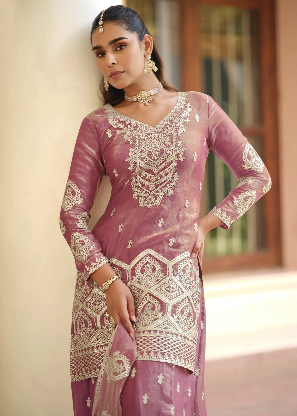 Shades Of Purple Silk Palazzo Suit with Fine Embroidered Detailing