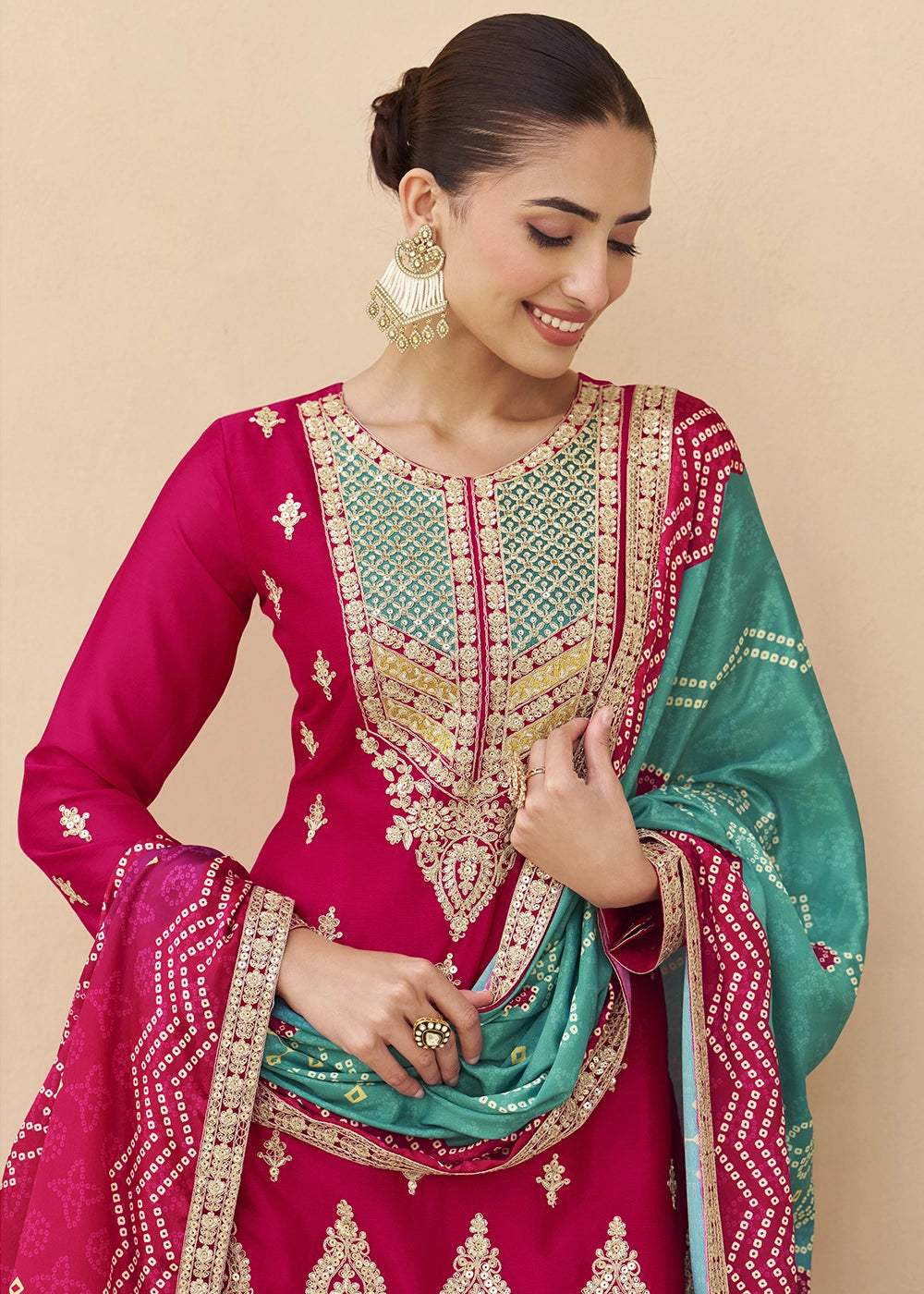 Magenta Pink Chinon Silk Palazzo Suit with Elegant Embroidery work