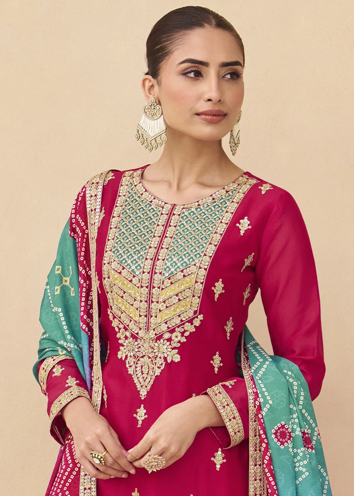 Magenta Pink Chinon Silk Palazzo Suit with Elegant Embroidery work