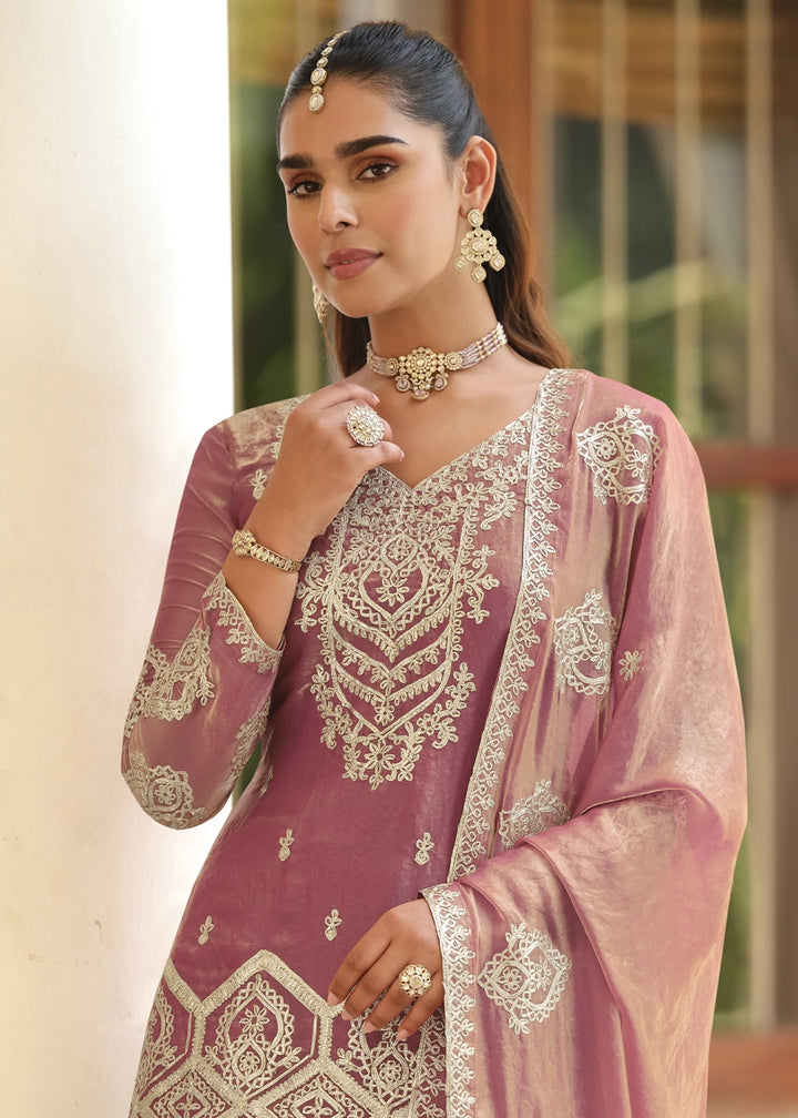 Shades Of Purple Silk Palazzo Suit with Fine Embroidered Detailing