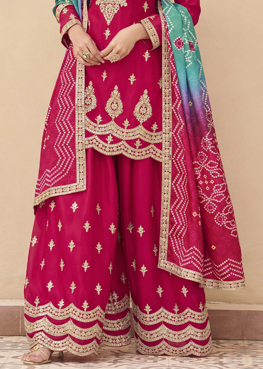 Magenta Pink Chinon Silk Palazzo Suit with Elegant Embroidery work